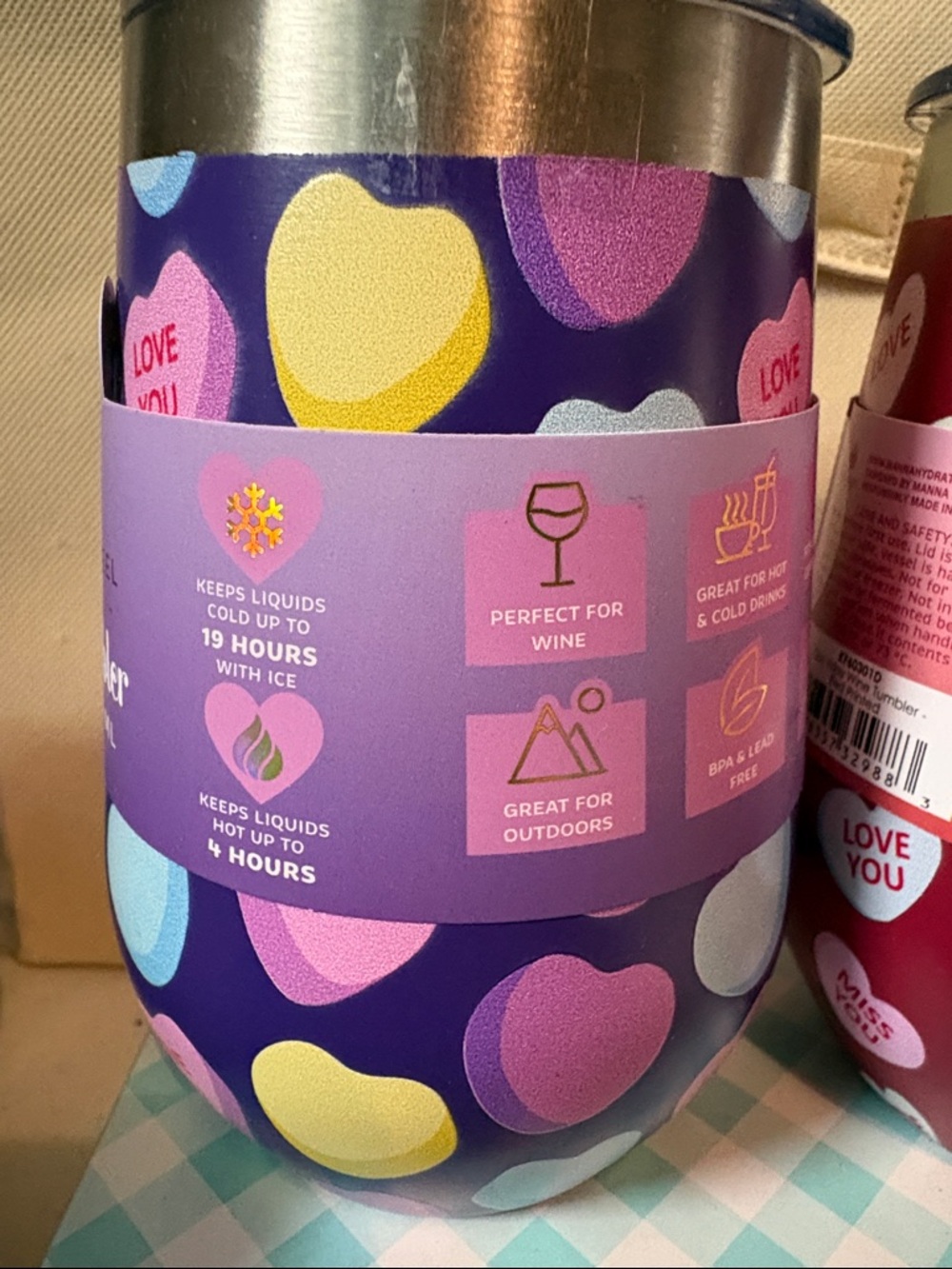 Manna Stainless Steel Wine Tumblers - Purple & Red Conversation Hearts - Picture 2 of 9